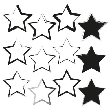 Grunge yıldız seti. Elle çizilmiş şekil. Gökyüzü element vektörü. Kaba astral ikon. EPS 10.