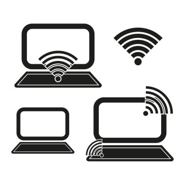 Laptop Wi-Fi. Kablosuz ağ vektörü. Bilgisayar internet sinyali. Çevrimiçi bağlantı kuruldu. EPS 10.