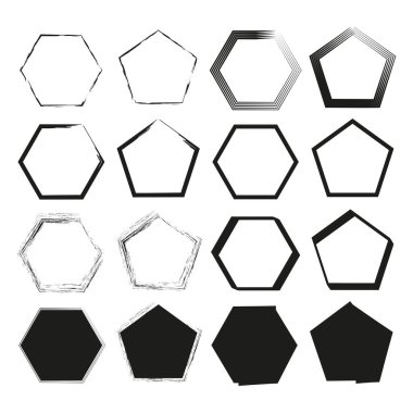 Pentagon şekilli Vektör. Çokgen simgesi seti. Geometrik ana hat sembolü. Siyah beyaz element. EPS 10.