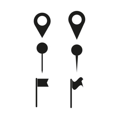 Harita iğnesi kuruldu. Konum bayrağı simgesi. Hedef nokta vektörü. Siyah navigasyon sembolü. EPS 10.