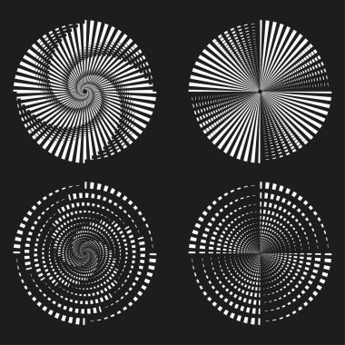 Spiral daire ayarlandı. Beyaz girdap deseni. Siyah arkaplan vektörü. Optik dönüş sembolü. EPS 10.
