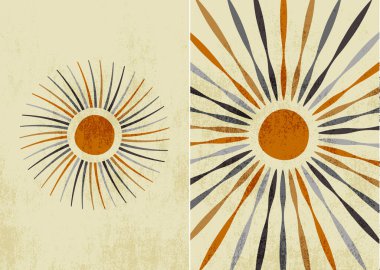 Boho posterleri. Vektör çizimi. El çizimi sanat. Soyut posterler asıldı. Çağdaş arka planlar. Yüzyılın ortası duvar dekoru. Kartpostal, kitap kapağı, broşür, hediye kartı için tasarım öğeleri.