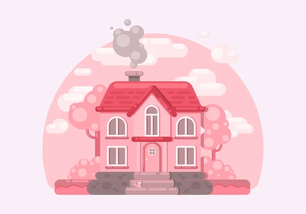 Bonito Rosa Minúsculo House Cute Estilo Plano House Cartoon Casa — Vetor de Stock