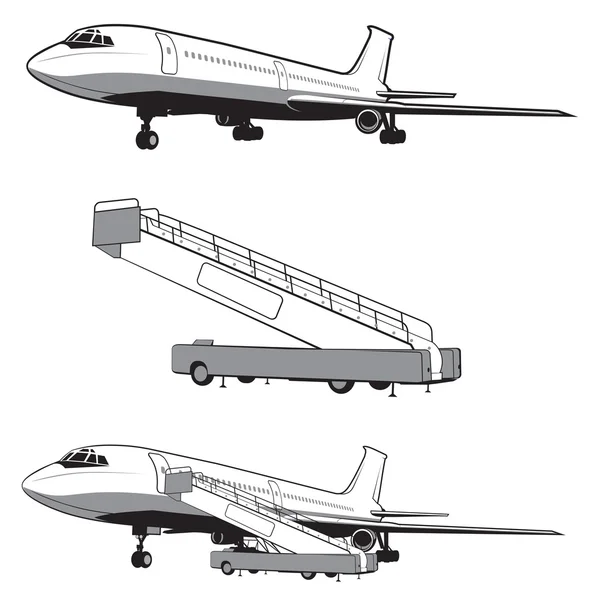 L'avion atterrit et décolle, le train. Voyage et transport. Icône avion de style monochrome. Compagnies aériennes. Isolé sur blanc — Image vectorielle