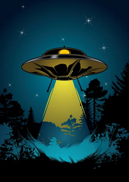 Flying UFO, star sky and black forest. — Stock Vector