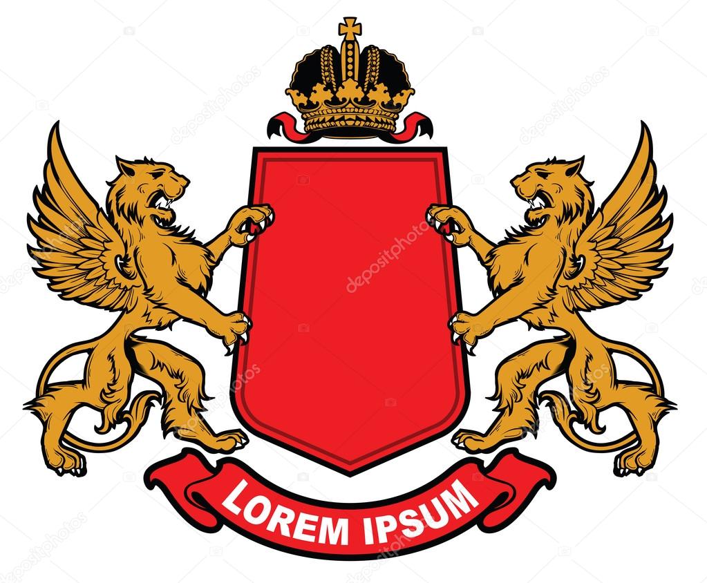 Vector Heraldic elements Isolated on a white background. Coat of arms with lions, crown, shield and ribbon
