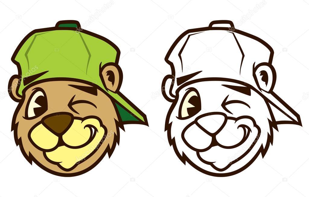 Cool brown cartoon hip hop bear character with cap. Emotion: winking. Vector clip art illustration