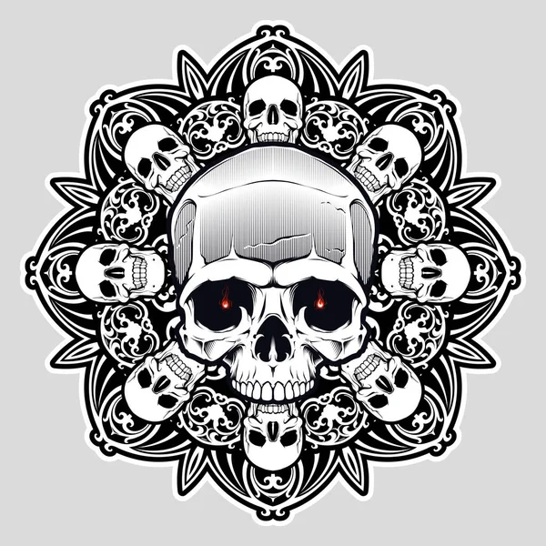 Cráneo Humano Sobre Mandala Diseño Carne Tatuaje Estampado Boho Póster — Vector de stock