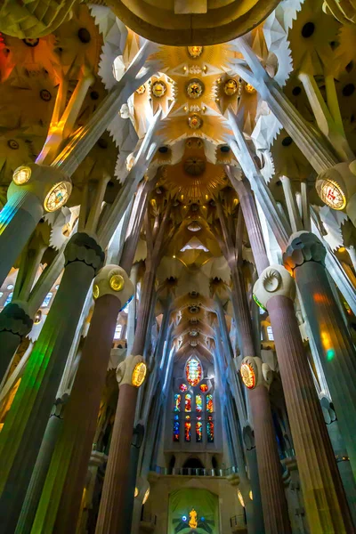 Baslica de la Sagrada Famlia, Barselona, İspanya. İç kısımdaki sütunlar eşsiz bir Gaud tasarımı. Yüklerini desteklemek için dallanmalarının yanı sıra sürekli değişen yüzeyleri çeşitli geometrik formların kesişmesinin sonucudur.. 