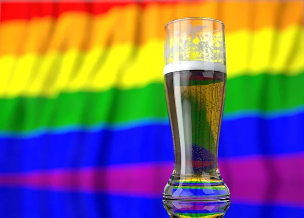 Келих пива перед гей-прапором. Відображення 3D ілюстрацій . — стокове фото