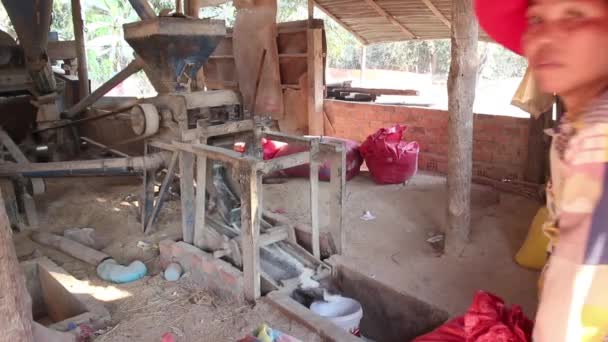 SIEAM REAP, CAMBODIA - JUNE 24, 2016: WS interior vintage rice mill in rural Southeast Asia with worker nearby — Stock Video