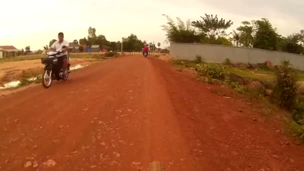 Siem reap, Kambodscha - ca. Juli 2016: Action-Cam pov fährt mit dem Fahrrad auf Feldweg in Asien - Pause bei Wasserbüffeln — Stockvideo