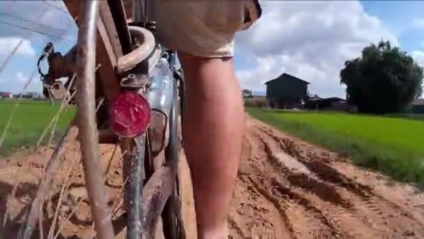 Siem Reap, Kambodzsa - kb július 2016: Pov, kerékpározás le egy sáros napos dirt lane, vidéki Ázsiában — Stock videók