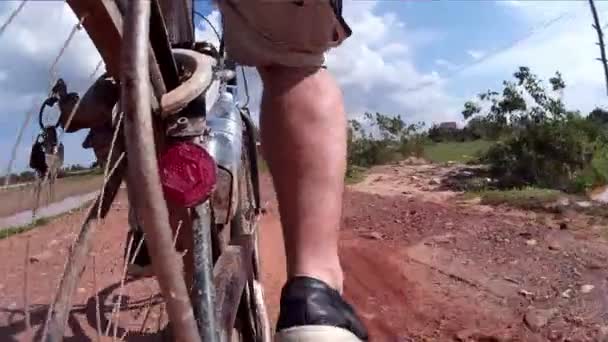 Siem Reap, Kambodja - Circa juli 2016: Passerar kor på en asiatisk grusväg - bakre Visa action cam Pov Asien Cykling — Stockvideo