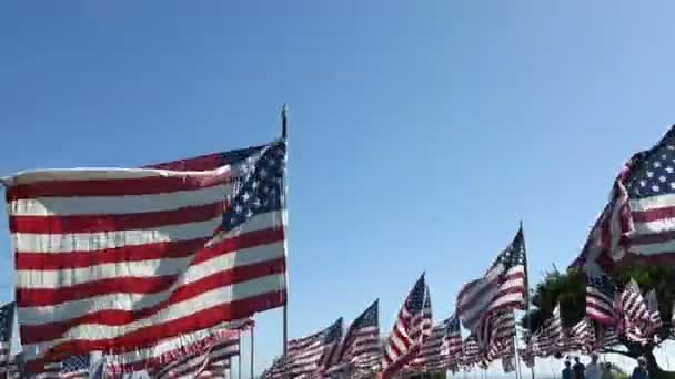 Topanga, kalifornien - ca. märz 2015: stabilisierter gang durch hunderte amerikanische flaggen (variante # 1) — Stockvideo