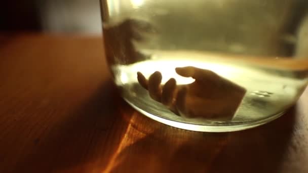 "Мыло руки" - Макро Долли камера двигаться с маленькими руками в бутылке (# 4 ) — стоковое видео
