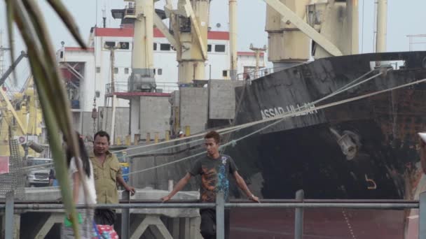 Trabalhador carrega saco grande passado um grande navio — Vídeo de Stock