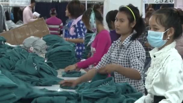 PHNOM PENH, CAMBODIA-SEPTEMBER 14, 2012: Textile Garment Factory: Line of standing workers sorts completed garments — стоковое видео