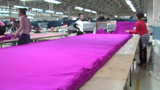 Phnom Penh, Kambodja-september 13, 2012: textil plagg fabriksarbetare: ws flytta in arbetare position Fabric avsnitt — Stockvideo