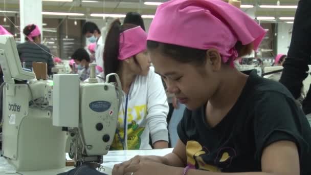 PHNOM PENH, CAMBODIA-SEPTEMBER 13, 2012: Asian Garment Industry Factory: MS garment worker and worker in background — стоковое видео