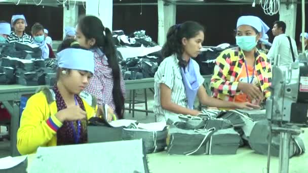 PHNOM PENH, CAMBODIA-SETTEMBRE 12, 2012: Fabbrica di abbigliamento: Le operaie marcano fasci di tessuto — Video Stock