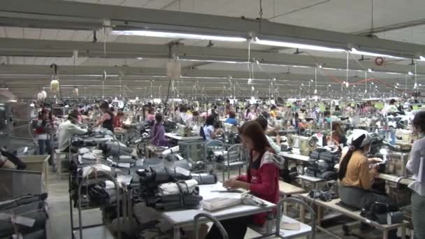 PHNOM PENH, CAMBODIA-SETTEMBRE 12, 2012: Lavoratori tessili della fabbrica di abbigliamento: WS eccellente pan pavimento interno della fabbrica di abbigliamento — Video Stock