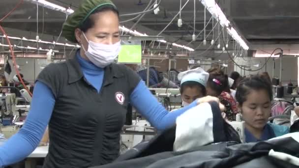 Текстильная фабрика: швейный рабочий сортирует джинсы — стоковое видео
