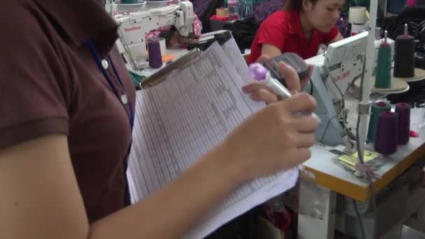 Textiel kledingfabriek werknemers: stopwatch en kleding werker op de achtergrond — Stockvideo
