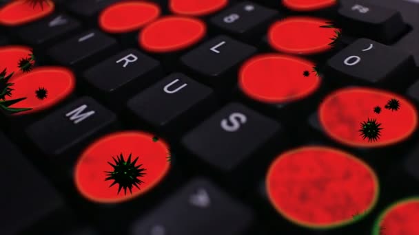 'VIRUS' Teclado de computador ECU de baixo ângulo com pontos de fundo de movimento de vírus vermelho — Vídeo de Stock