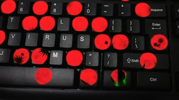 'VIRUS' WS movimiento de arco aéreo del teclado con fondo de virus rojo — Vídeos de Stock