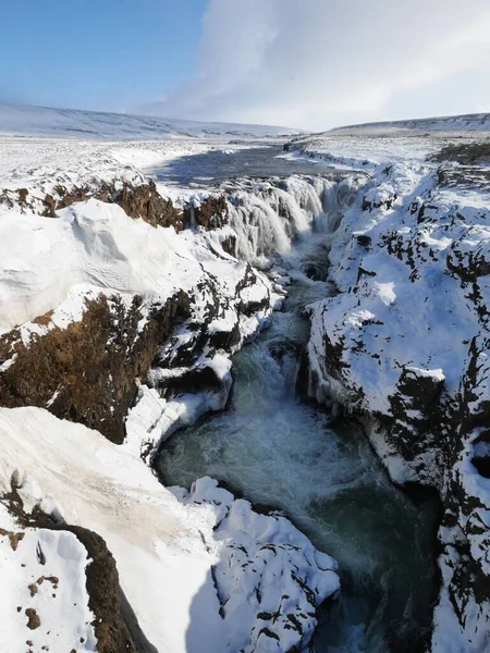 Winter Waterval Landschap Ijsland — Stockfoto