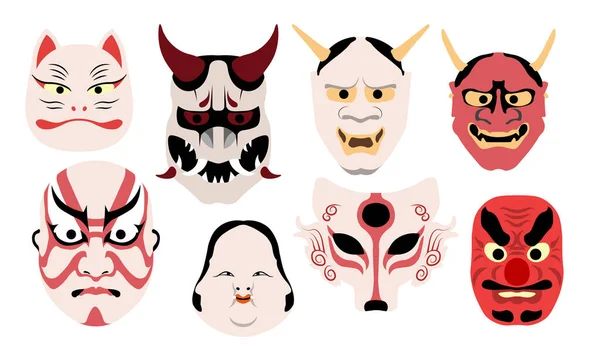 Tradiční Japonské Divadelní Masky Ikony Nastaveny — Stock fotografie
