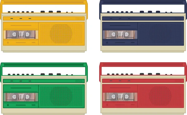 Set of 4 colourful vintage retro tape recorders audio players — Stock Vector