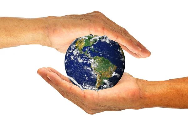 Hands Holding Planet Earth White Background Clipping Path Elements Image — Stock Photo, Image