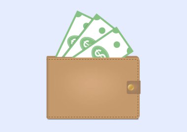 Kahverengi cüzdan vektör illüstrasyonunda para