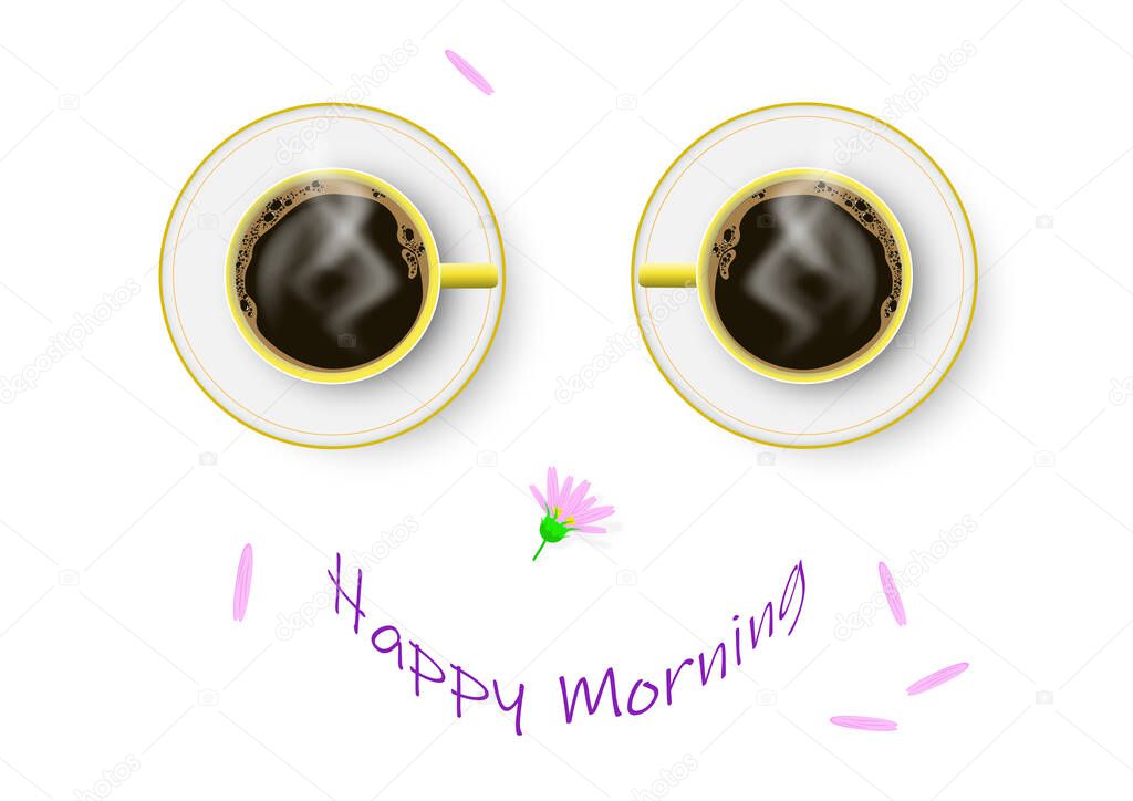 Two coffee cups formed to happy smiling face, happy breakfast concept  vector illustration