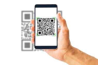 Beyaz arkaplanda el ele tutuşan akıllı telefon tarama QR kodu izole