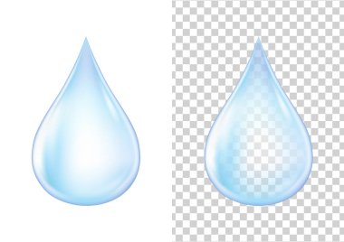 Beyaz ve şeffaf arkaplan vektör illüstrasyonunda mavi şeffaf parlak su damlası