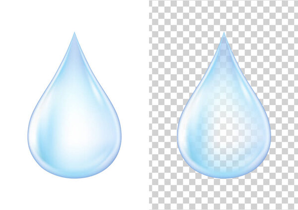 Blue transparent shiny water drop on white and transparent background vector illustration