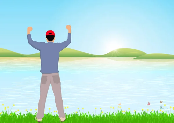 日の出の背景 達成と勝利のコンセプトベクトルイラストと湖の横に提起された拳で陽気に立つ男 — ストックベクタ