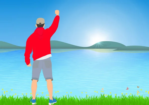 日の出の背景 達成と勝利のコンセプトベクトルイラストと湖の横に提起された拳で陽気に立つ男 — ストックベクタ