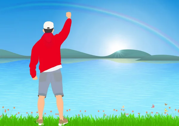 虹の背景 達成と勝利のコンセプトベクトルイラストで日の出と湖の横に提起された拳で陽気に立つ男 — ストックベクタ