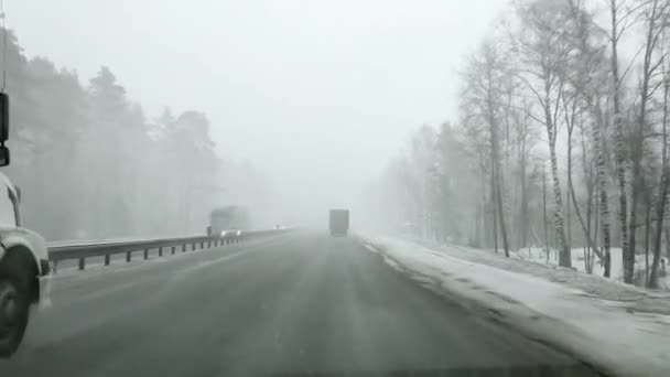 Vista attraverso il parabrezza di un'auto sull'Autobahn in inverno con neve pesante e un camion di sorpasso. — Video Stock