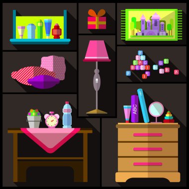 Bedroom for girls. A set of furniture and objects for the room.Black background.
