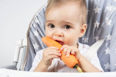 Beyaz bir arka planda yüksek bir sandalyede öğle yemeği için taze çiğ havuç yiyen şirin küçük çocuk. Yemekteki çocuklar için vitaminler.