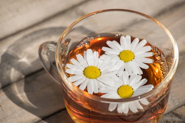 Güneşli bir yaz sabahı ahşap bir masa üzerinde beyaz papatya ile bitkisel çay