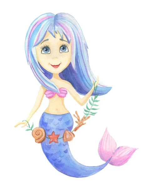 Beautiful Fairytale Girl Mermaid Hand Drawn Watercolor Isolated White Background — Stock Photo, Image