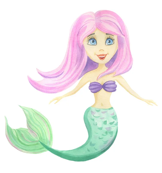 Beautiful Fairytale Girl Mermaid Hand Drawn Watercolor Isolated White Background — Stock Photo, Image