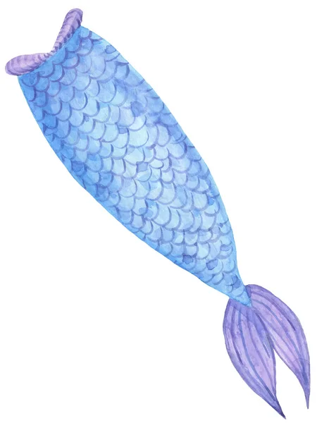Blue Purple Mermaid Tail Painted Watercolor Hand Isolated White Background — Stock Photo, Image