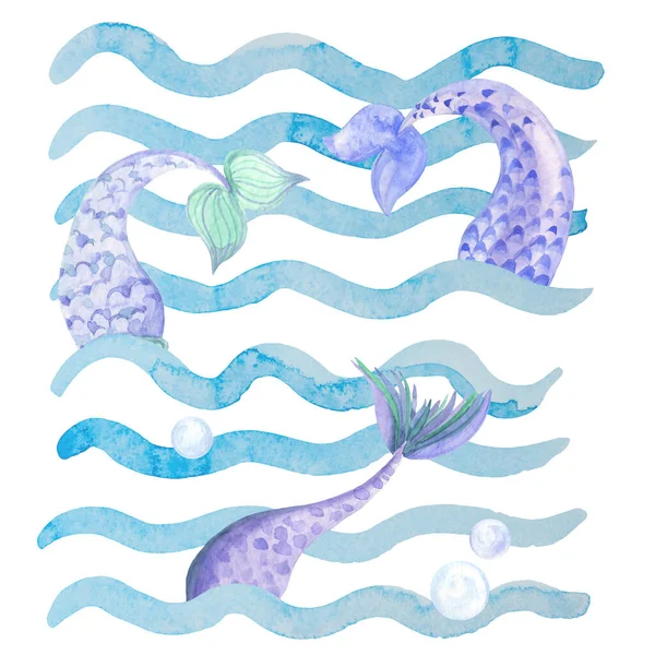 Krásný Ručně Kreslený Plakát Akvarelem Mořské Téma Ocas Mořské Panny Royalty Free Stock Fotografie